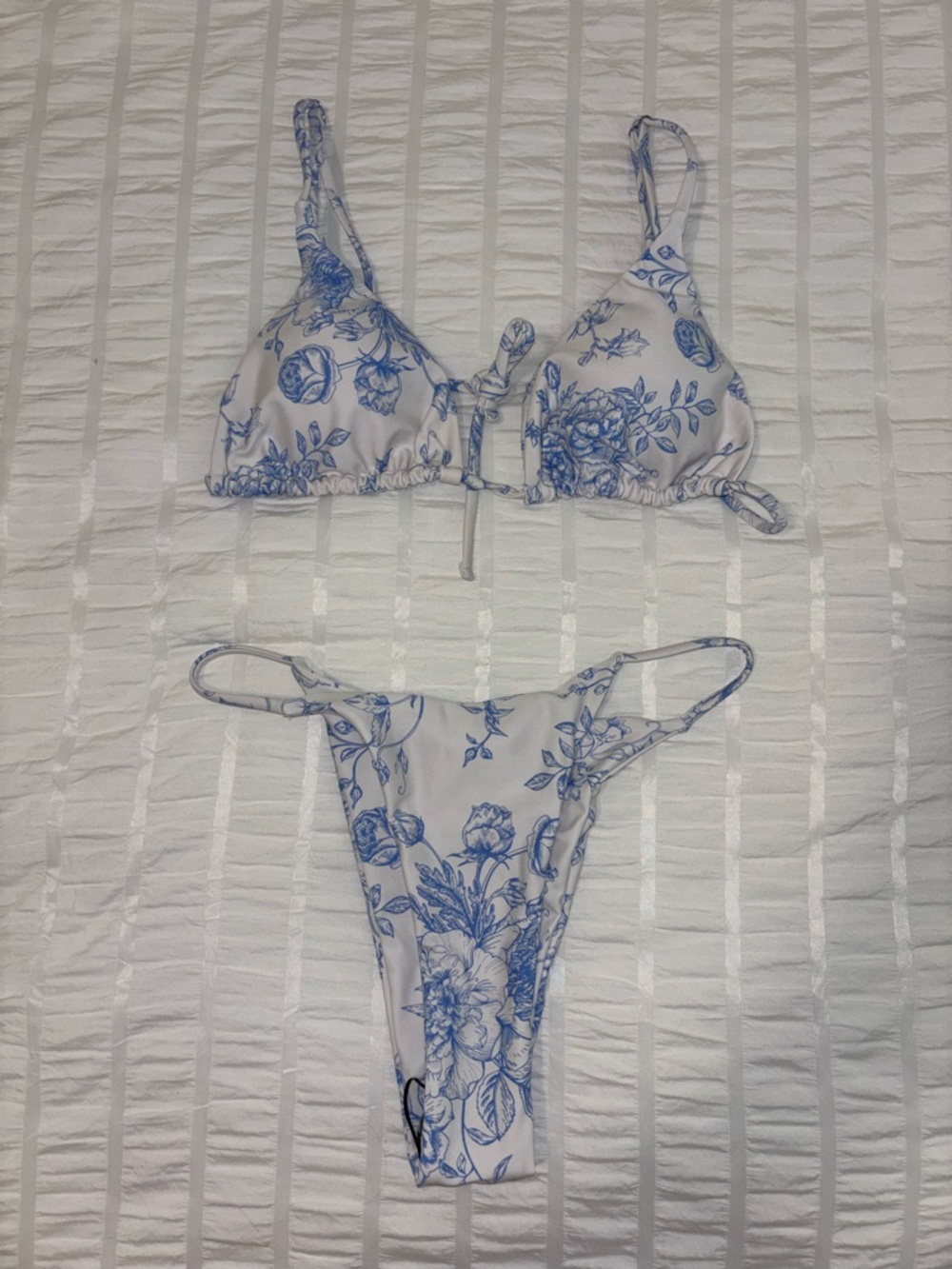 blue and white floral bikini set